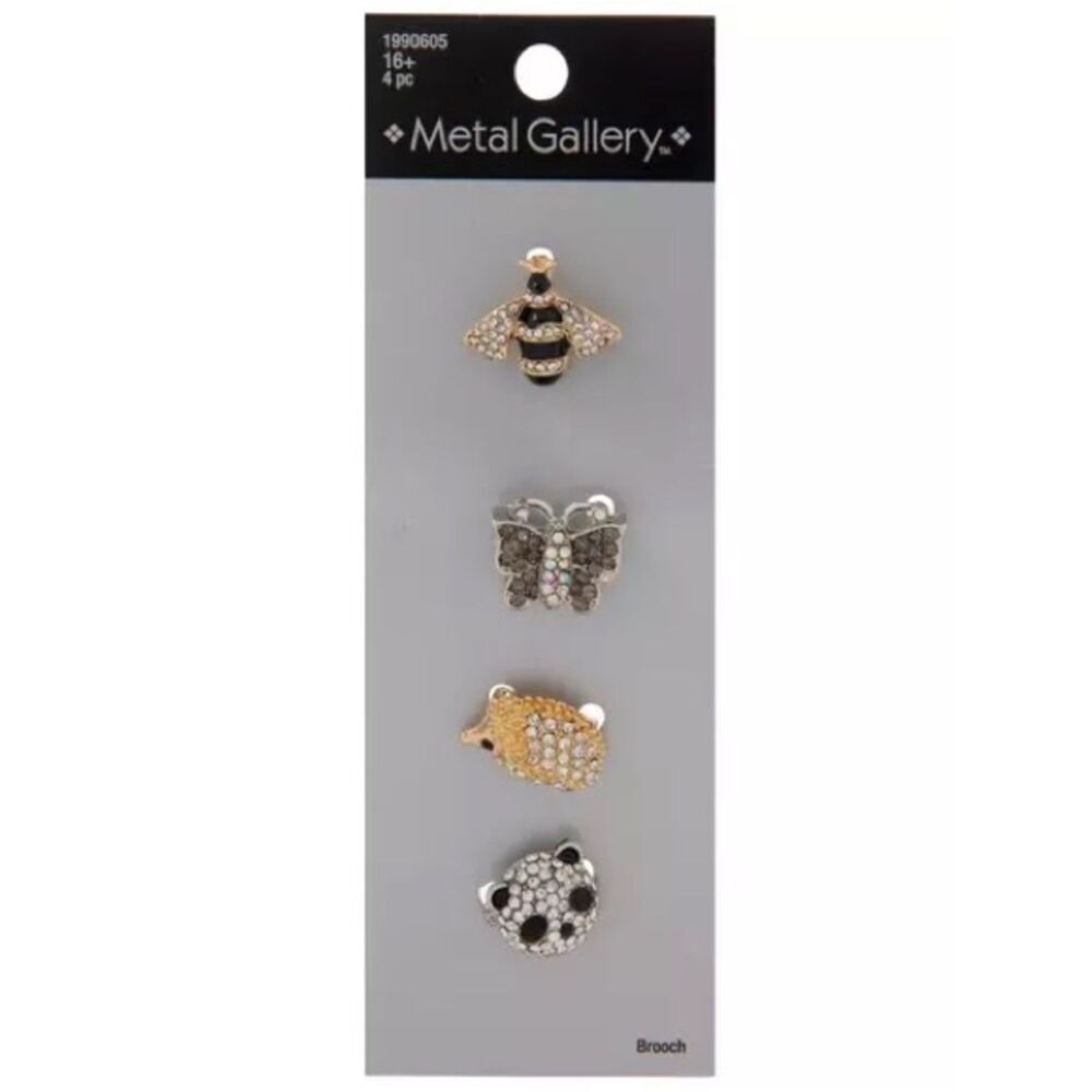 New Metal Gallery Bee, Butterfly, Hedgehog & Panda Brooch Set - Gold, Black, Sil